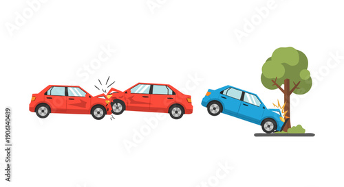 Illustration showing multiple vehicle accidents including a rear-end collision and hitting a tree