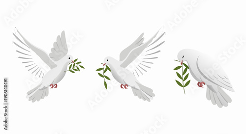 Three white doves flying gracefully while each bird carries a single green olive branch symbol for peace
