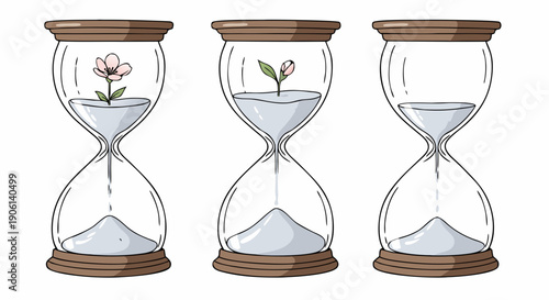 Illustration depicting the passage of time and the growth stages of a delicate flower within hourglasses