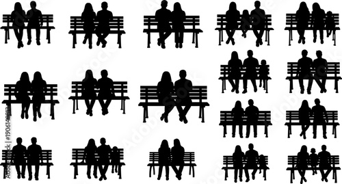 Silhouette collection of couples and families sitting on park benches in multiple poses, people relationship and leisure concept illustration isolated on white background