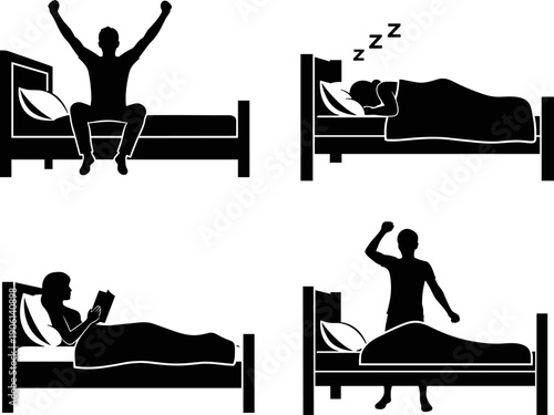 Sleep and wake up routine silhouette set showing waking, sleeping, reading in bed and stretching, daily lifestyle habits concept black vector illustration isolated on white