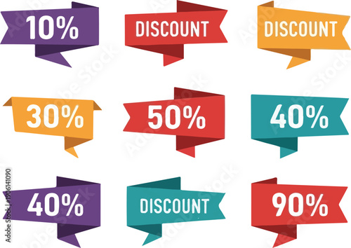 Collection of colorful discount labels and percentage tags in various shapes and sizes