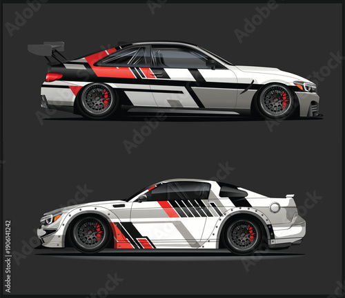 Two sport cars with side view and racing stripes