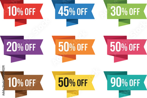 Collection of colorful discount labels arranged in a grid pattern showcasing various percentage offers