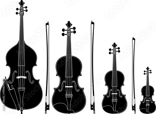 String instrument silhouettes set featuring violin viola cello and double bass with bows, classical orchestra music icons in black vector isolated on white background