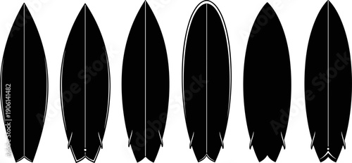 Surfboard silhouette collection featuring modern surfing board shapes for ocean water sports beach lifestyle coastal design vector illustration set isolated minimal black templates