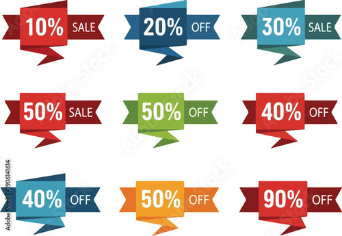 Assorted colorful sale banners with varying discount percentages displayed prominently for promotional purposes