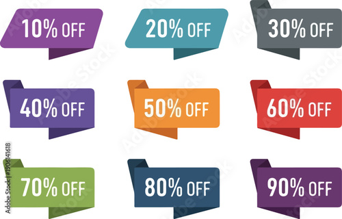 Assorted discount labels showcasing various percentage reductions in a vibrant grid arrangement