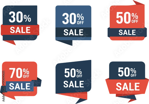 Assorted sale banners with varying discount percentages displayed prominently in graphic illustrations