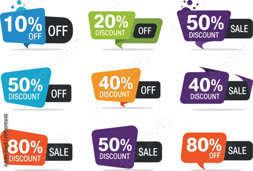 Collection of colorful discount and sale speech bubbles on transparent background