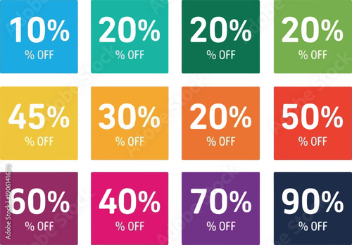 A vibrant grid of twelve colorful sale discount percentage signs displayed together
