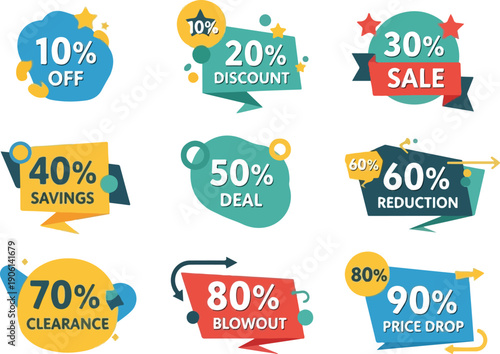 Vibrant discount stickers showcasing various percentage reductions and sale offers in a playful, illustrative style