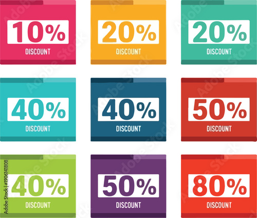 Vibrant discount labels arranged in a grid showcasing various percentage offers