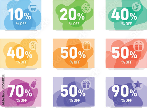 Collection of colorful discount labels with varying percentage offers displayed on transparent backgrounds
