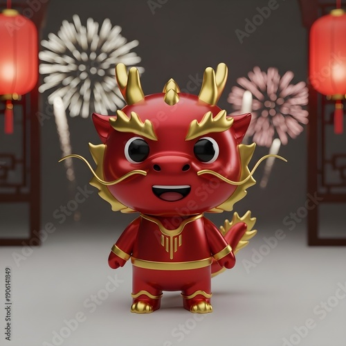 Modern 3D Chinese Dragon Mascot with Lanterns and Fireworks