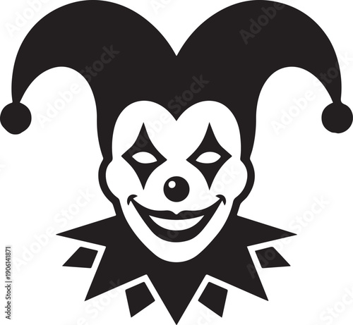 Grinning court jester with bells, theatrical and whimsical black and white vector illustration