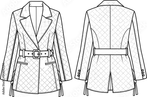 Technical fashion illustration of belted tailored women blazer jacket, front and back view, quilted texture line art, apparel design flat drawing vector template