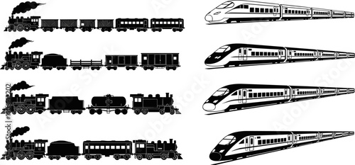 Train silhouettes collection featuring steam locomotives freight wagons and modern high speed passenger trains, black railway transportation illustration set isolated 