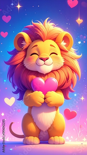 Adorable Cartoon Lion Holding a Pink Heart on a Starry Background.
