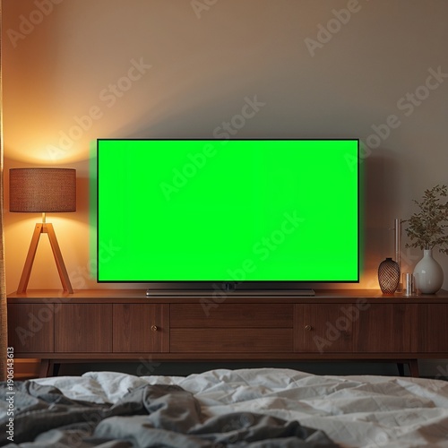 Wallpaper Mural Modern television with a prominent green screen on a dark wood media console in a warm, softly lit bedroom, ideal for digital display and video content. Torontodigital.ca
