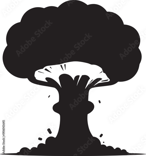 Atomic blast with solid mushroom cloud, heavy-silhouette black and white vector illustration