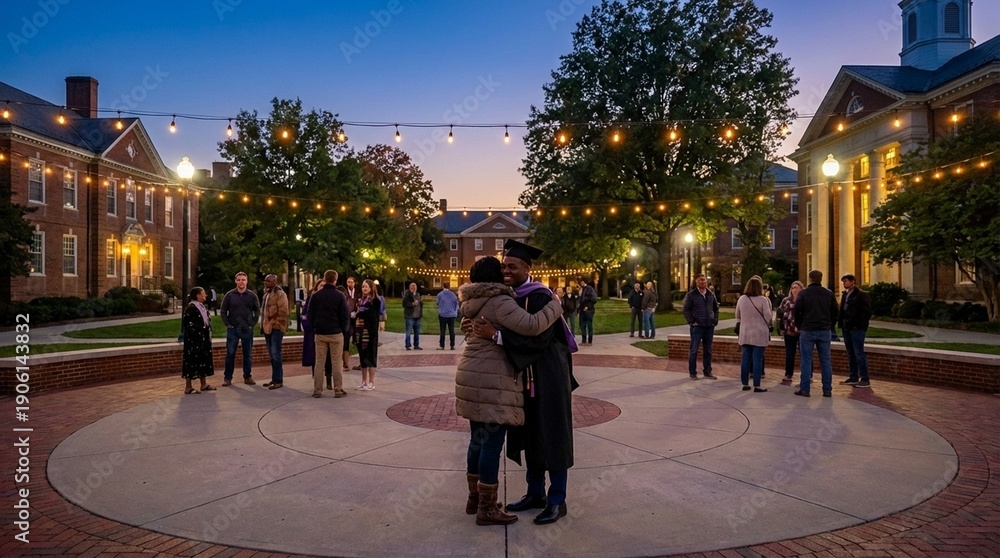 Obraz premium Couple hugging in a campus plaza at dusk, string lights and students create a warm social scene, ideal for university life themes and homecoming season