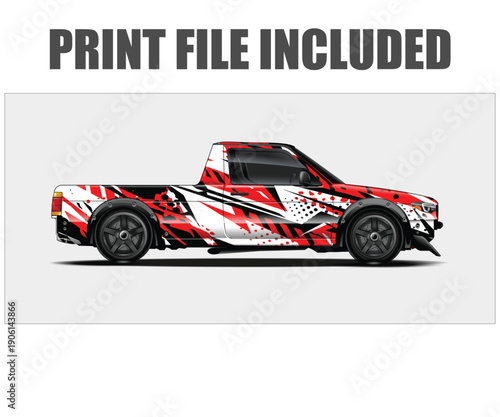 Red and white pickup truck with abstract design on side