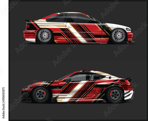 Red and white sports car with racing stripes from two angles