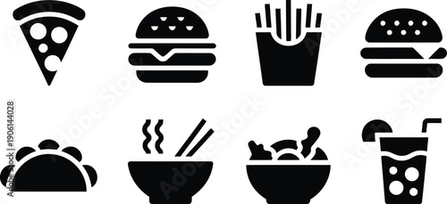 Fast food icon vector silhouette set, black food symbols including pizza, burger, fries, noodles, tacos, hot dogs, and drinks for restaurant menus, food delivery apps, UI/UX design, and digital food b