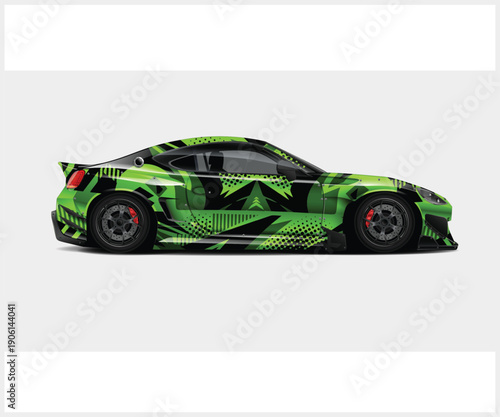 Side view of a green sports car with camouflage design