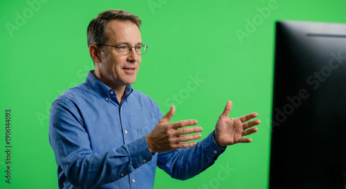 Wallpaper Mural Middle-aged man with glasses talking and gesturing emphatically in front of a computer and green screen Torontodigital.ca