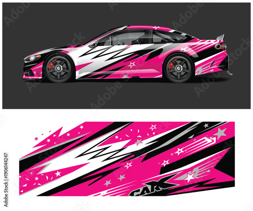 Pink and white sports car with abstract design and decals
