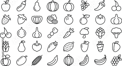 Fruit, berry, and vegetable line icon vector set, clean outline food symbols for healthy eating concepts, organic products, grocery apps, restaurant menus, nutrition design, and modern UI/UX interface