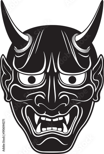 A fierce Japanese Hannya mask with pointed horns and sharp fangs, menacing and traditional black and white vector illustration