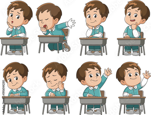 Cute schoolboy sitting at desk showing different emotions and gestures, classroom education concept, cartoon student character vector illustration design