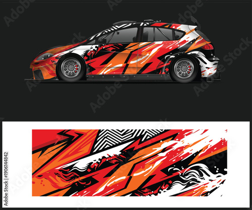 Car with abstract orange and black design pattern on side and closeup