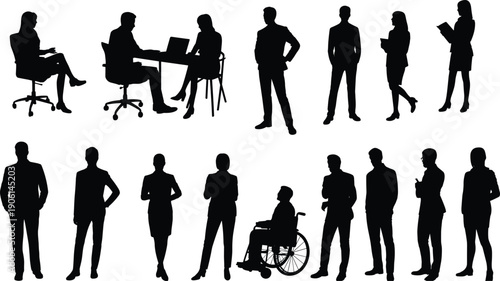 Flat vector silhouettes of diverse business professionals working, standing, sitting, reading, laptop use, wheelchair inclusion, corporate office teamwork illustration