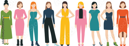 Flat vector silhouettes of diverse fashionable women standing in lineup, stylish outfits, modern clothing design, fashion diversity illustration reference