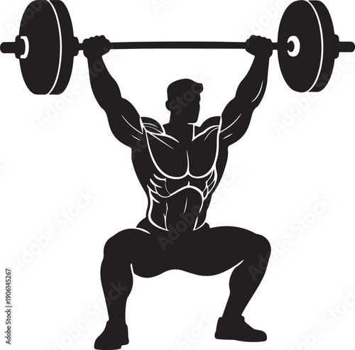 Muscular weightlifter performing an overhead snatch, powerful and athletic black and white vector illustration