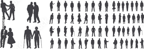 People silhouette collection, men women standing walking talking senior couple crowd poses, black human figures isolated, flat vector