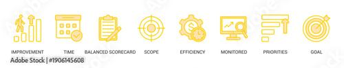 Performance Management Lineal Yellow Icon Set For Web Banner. Vector Illustration Concept With Some Icons. Designed In Line Color Style