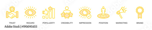 Reputation Management Lineal Yellow Icon Set For Web Banner. Vector Illustration Concept With Some Icons. Designed In Line Color Style