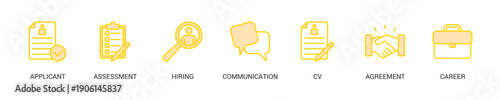 Job Interview Lineal Yellow Icon Set For Web Banner. Vector Illustration Concept With Some Icons. Designed In Line Color Style