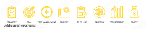 Productivity Lineal Yellow Icon Set For Web Banner. Vector Illustration Concept With Some Icons. Designed In Line Color Style