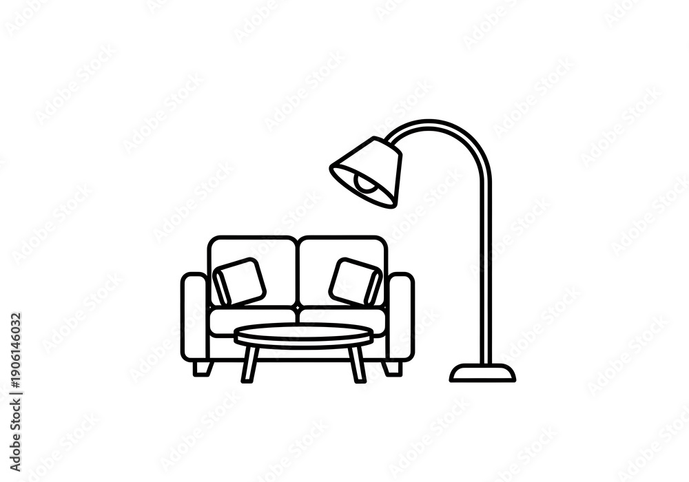 Obraz premium Cozy Corner Illustration: A simple yet inviting illustration showcasing a modern living space arrangement, featuring a comfortable sofa, coffee table, and a stylish floor lamp. 