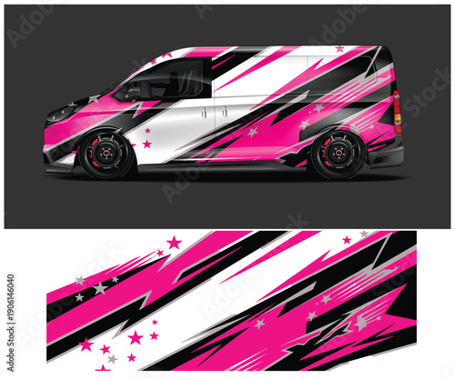 Pink black and white car decal design with stars