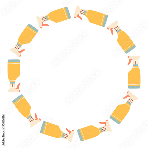 Vector circular frame made of yellow spray bottles. Flat minimal illustration on white background, perfect for cleaning services, household design, spring themes, templates, posters, banners, branding