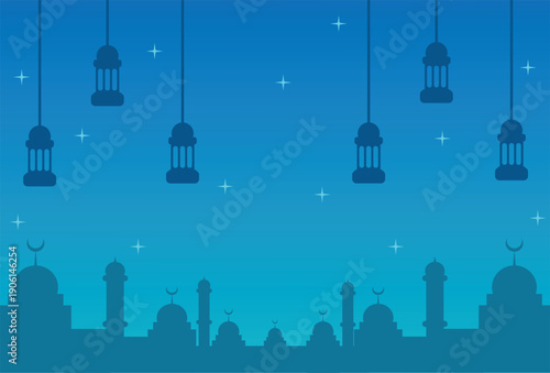 Ramadan eid mubarak celebrate with a blue islamic background featuring lanterns and stars.