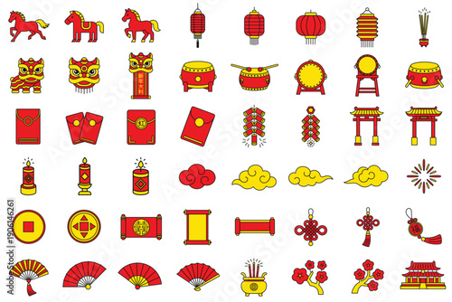 Discover a charming set of vector icons capturing the essence of Chinese New Year, featuring festive traditions and cultural symbols