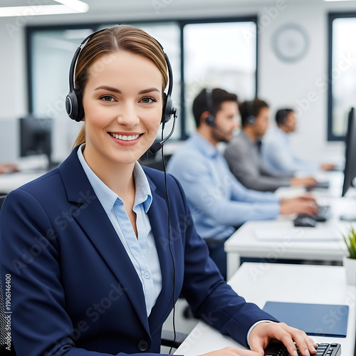Smiling female call center agent with headset working at desk.